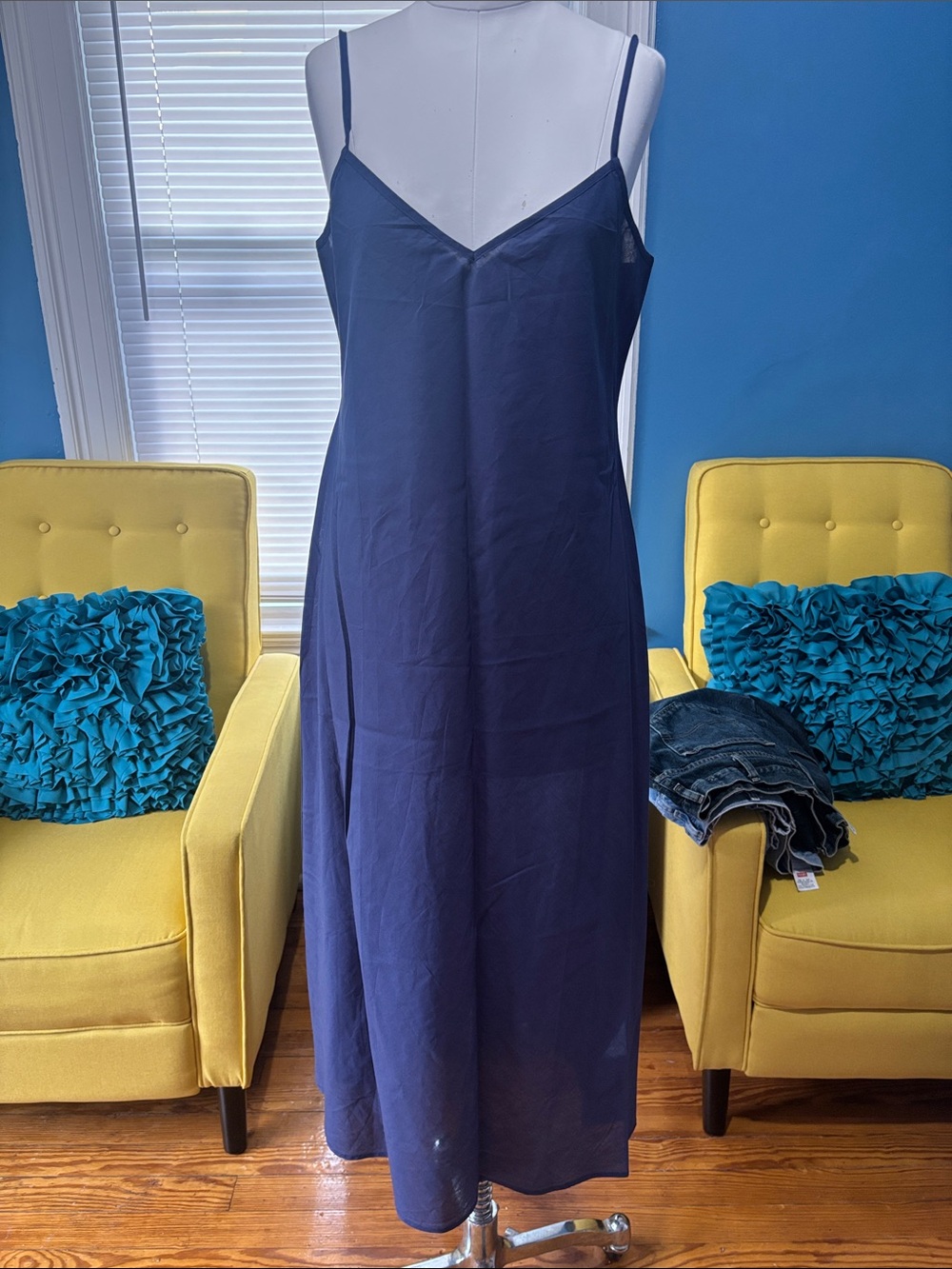 Classic Navy Slip Midi Dress with Adjustable Spaghetti Straps